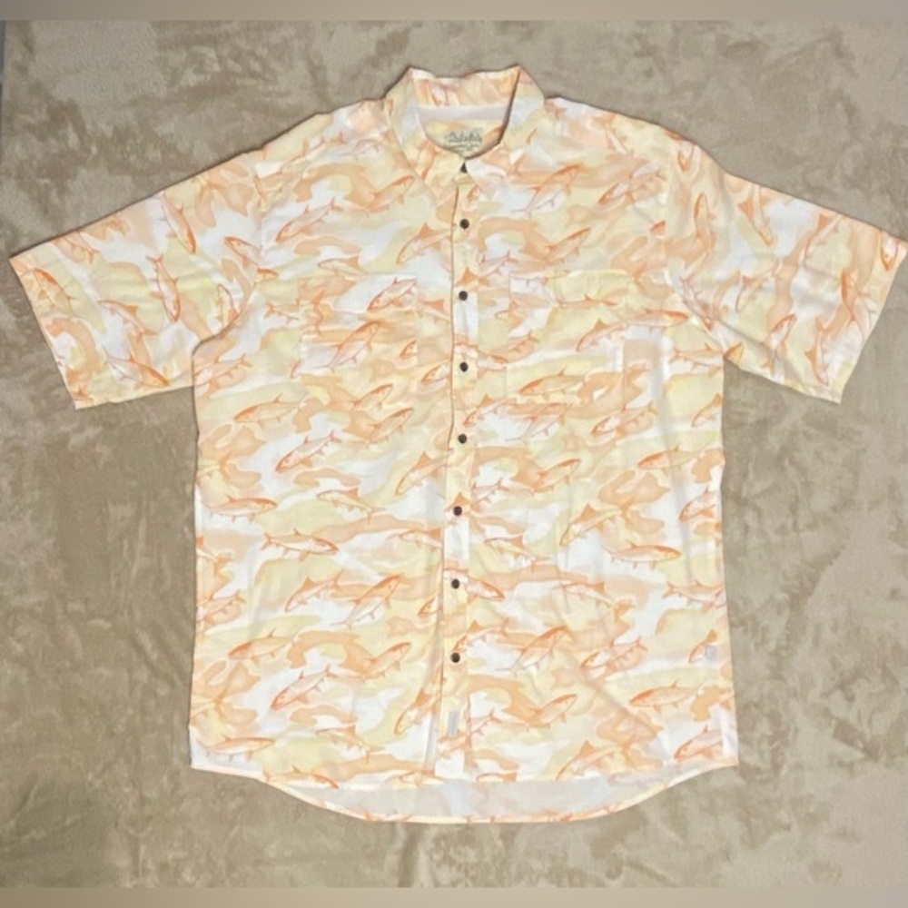 CABELAS MENS LARGE ORANGE FISH NETTED‎ SHORT SLEEVE BUTTON DOWN SIZE 2XL